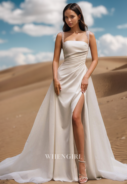 Beaded Square Neck Straps Sheath Side Slit Pleats Satin Boho Wedding Gowns with Overskirt