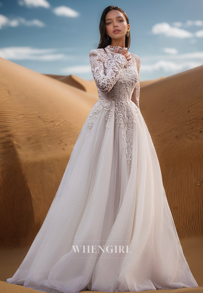 Luxurious Long Sleeves High Neck A-Line Pleats Lace Bridal Wedding Dress with Appliques