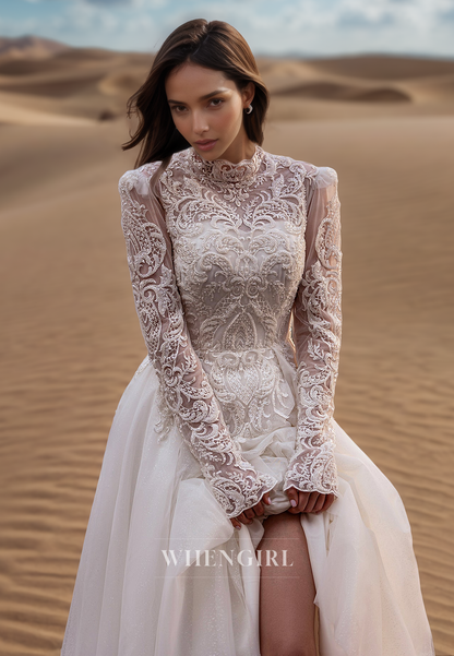 Luxurious Long Sleeves High Neck A-Line Pleats Lace Bridal Wedding Dress with Appliques