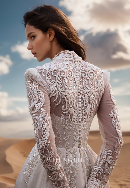 Luxurious Long Sleeves High Neck A-Line Pleats Lace Bridal Wedding Dress with Appliques