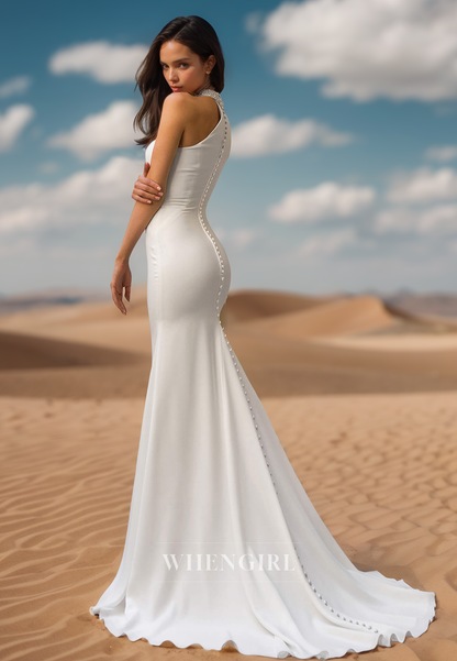 Charming High Neck One Shoulder Mermaid Satin Wedding Dress Boho Gowns with Beads
