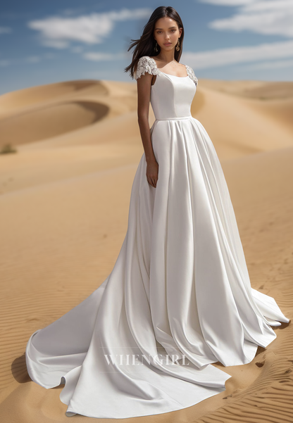 Elegant Scoop Neck Short Sleeves A-Line Satin Wedding Dress Bridal Gown with Appliques