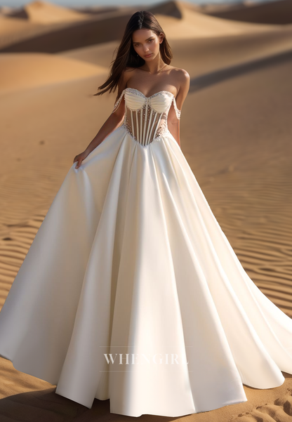 Luxurious A-Line Sweetheart Stripe Ruched Satin Long Bridal Wedding Dress with Beaded