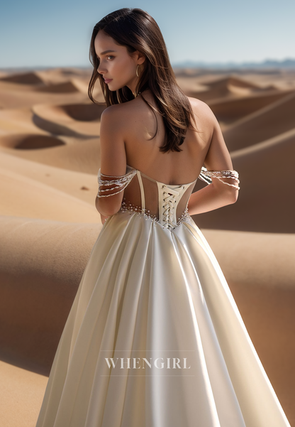 Luxurious A-Line Sweetheart Stripe Ruched Satin Long Bridal Wedding Dress with Beaded