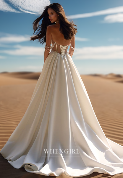 Luxurious A-Line Sweetheart Stripe Ruched Satin Long Bridal Wedding Dress with Beaded
