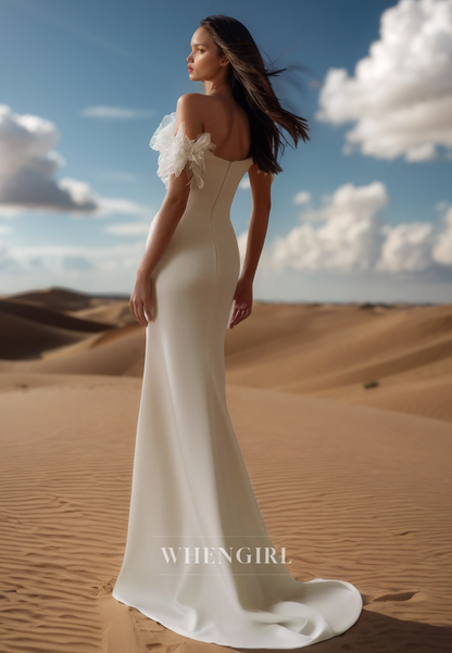 Simple Sweetheart Sheath Wedding Dress Floral Pleats Satin Bridal Gowns with Slit