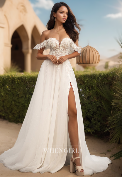 Romantic Off-Shoulder Sweetheart A-Line Appliques Lace Bridal Wedding Dress with Slit