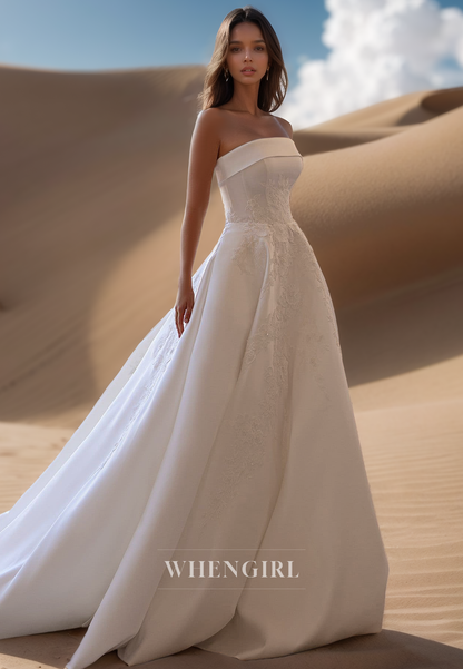 Elegant Tube Top A-Line Sleeveless Pleats Satin Wedding Dress Bridal Gowns with Appliques