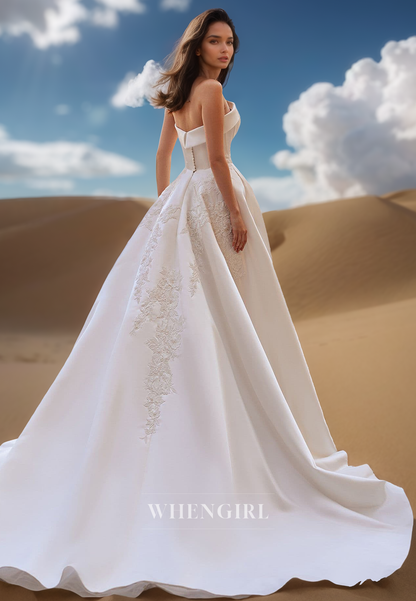 Elegant Tube Top A-Line Sleeveless Pleats Satin Wedding Dress Bridal Gowns with Appliques