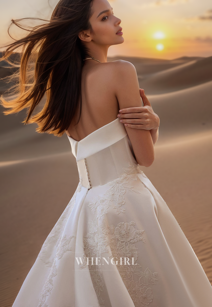 Elegant Tube Top A-Line Sleeveless Pleats Satin Wedding Dress Bridal Gowns with Appliques