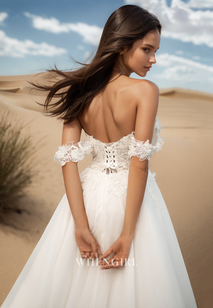 Romantic Off-Shoulder Sweetheart A-Line Appliques Lace Bridal Wedding Dress with Slit