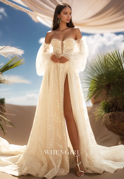 Luxurious Long Sleeves Sweetheart Appliques Beaded Lace Wedding Dress with Slit Bridal Gowns