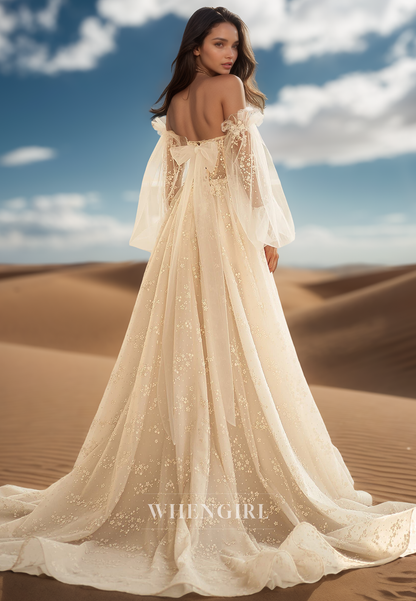 Luxurious Long Sleeves Sweetheart Appliques Beaded Lace Wedding Dress with Slit Bridal Gowns