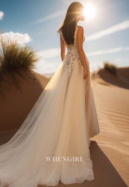 Luxurious A-Line Sleeveless Sheer Pleats Lace Brach Wedding Dress Boho Gown with Appliques