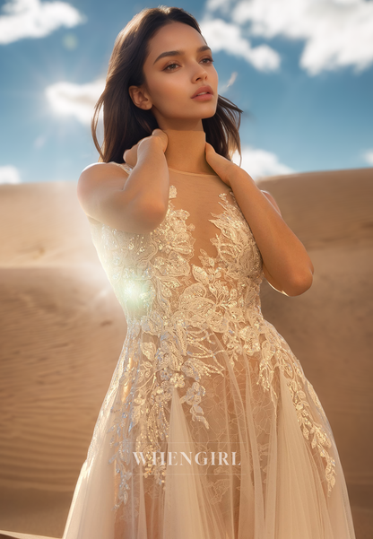 Luxurious A-Line Sleeveless Sheer Pleats Lace Brach Wedding Dress Boho Gown with Appliques