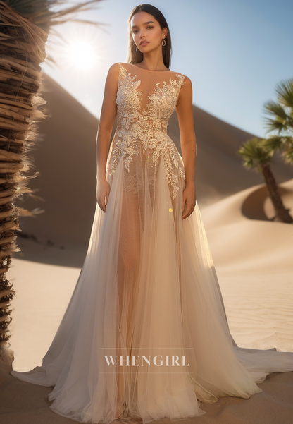 Luxurious A-Line Sleeveless Sheer Pleats Lace Brach Wedding Dress Boho Gown with Appliques