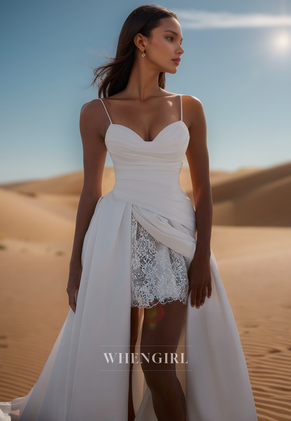 Elegant Sweetheart Spaghetti Straps Appliques Satin A-Line Wedding Gowns with Train