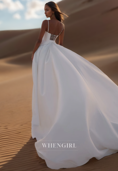 Elegant Sweetheart Spaghetti Straps Appliques Satin A-Line Wedding Gowns with Train