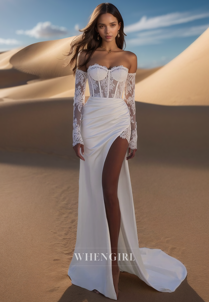 Charming Sweetheart Sheath Wedding Dress Long Sleeves Satin Boho Gown with Appliques