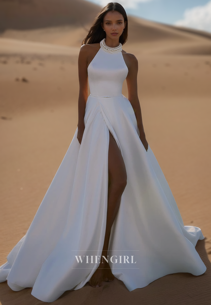 Classic Halter Neck Sleeveless A-Line Pleats Satin Wedding Dress Boho Gown with Beads