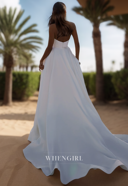 Classic Halter Neck Sleeveless A-Line Pleats Satin Wedding Dress Boho Gown with Beads