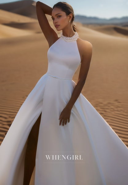 Classic Halter Neck Sleeveless A-Line Pleats Satin Wedding Dress Boho Gown with Beads