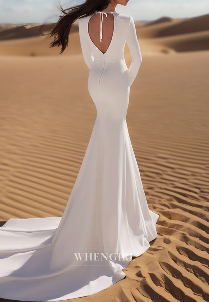 Elegant Long Sleeves Mermaid Sweep Train Satin Wedding Dress Bridal Gown with Beads