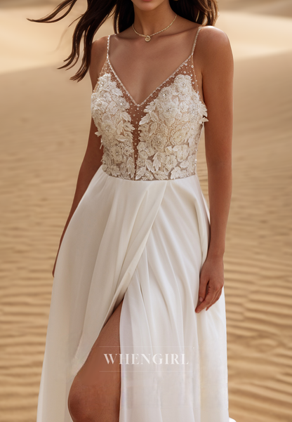 Fashional V-Neck Straps A-Line Beaded Chiffon Beach Wedding Dress Boho Gown with Applique