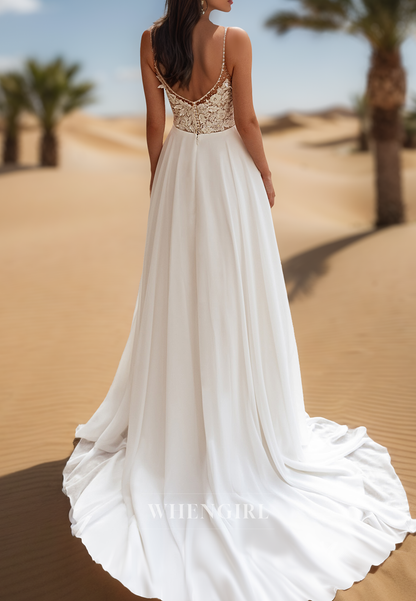 Fashional V-Neck Straps A-Line Beaded Chiffon Beach Wedding Dress Boho Gown with Applique