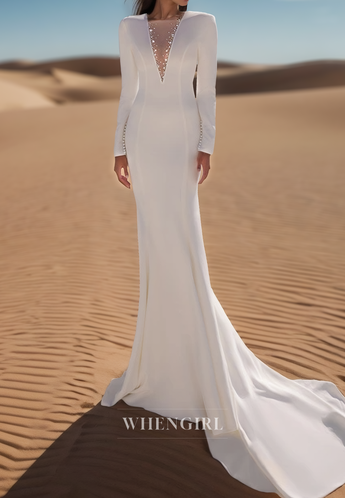 Elegant Long Sleeves Mermaid Sweep Train Satin Wedding Dress Bridal Gown with Beads