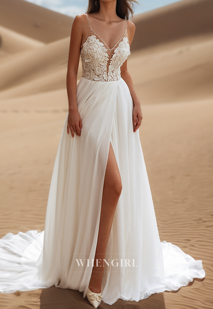 Fashional V-Neck Straps A-Line Beaded Chiffon Beach Wedding Dress Boho Gown with Applique