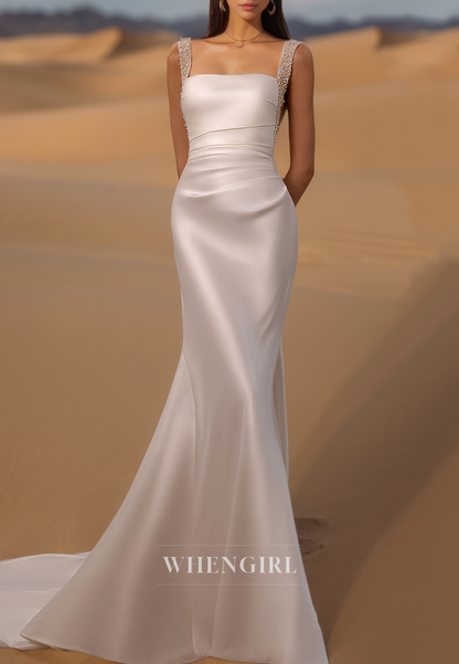 Luxurious Square Neck Straps Sheath Beaded Satin Bridal Wedding Dress with Overskirt