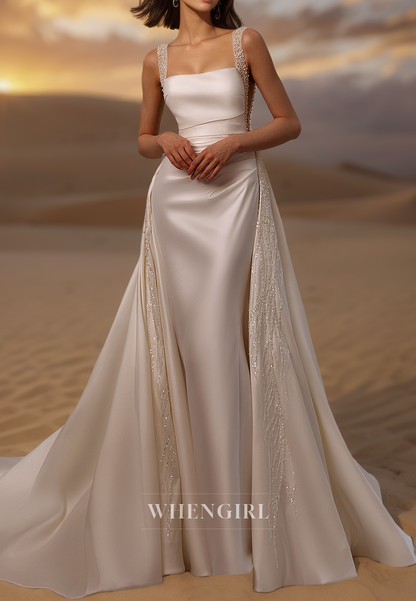 Luxurious Square Neck Straps Sheath Beaded Satin Bridal Wedding Dress with Overskirt