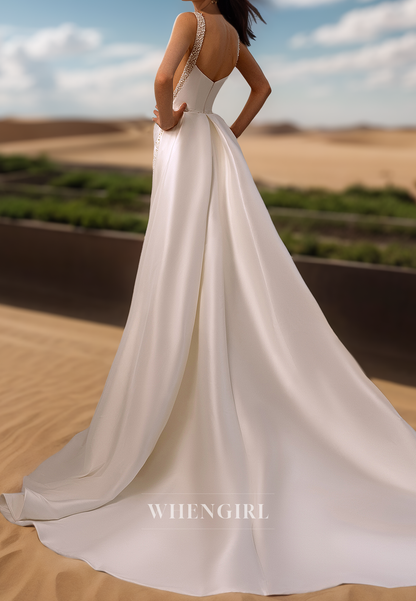 Luxurious Square Neck Straps Sheath Beaded Satin Bridal Wedding Dress with Overskirt