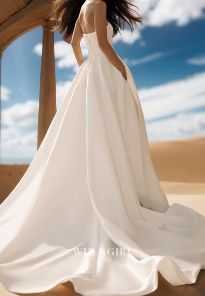 Elegant A-Line Strapless Gloves High Split Satin Wedding Dress Bridal Gown with Pockets
