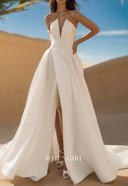 Elegant A-Line Strapless Gloves High Split Satin Wedding Dress Bridal Gown with Pockets