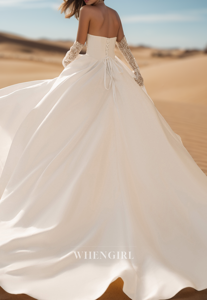 Elegant A-Line Strapless Gloves High Split Satin Wedding Dress Bridal Gown with Pockets