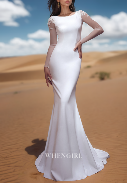 Elegant Scoop Neck Long Sleeves Mermaid Satin Wedding Dress Boho Gown with Appliques