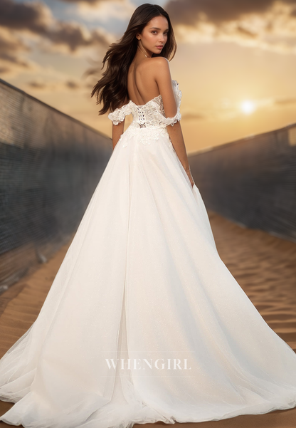 Romantic Off-Shoulder Sweetheart A-Line Appliques Lace Bridal Wedding Dress with Slit