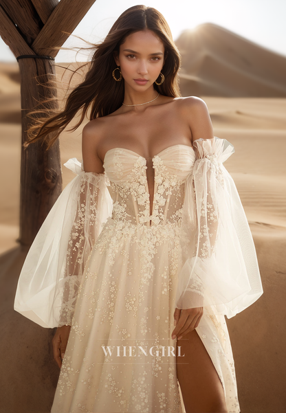 Luxurious Long Sleeves Sweetheart Appliques Beaded Lace Wedding Dress with Slit Bridal Gowns