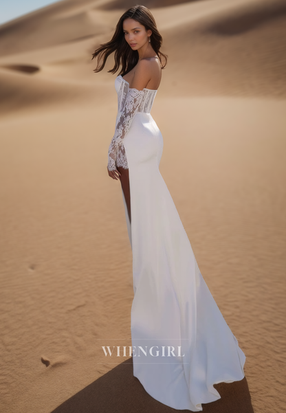 Charming Sweetheart Sheath Wedding Dress Long Sleeves Satin Boho Gown with Appliques
