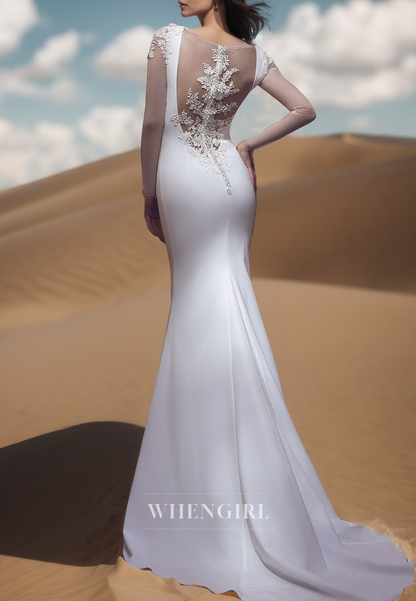 Elegant Scoop Neck Long Sleeves Mermaid Satin Wedding Dress Boho Gown with Appliques