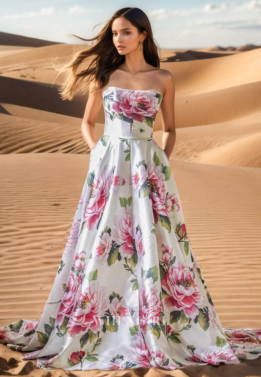 A Line Strapless Floral Pleats Unique Wedding Dress with Pockets