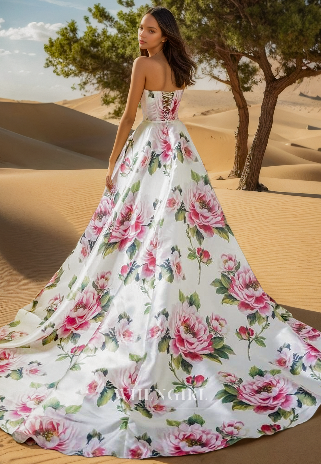 A Line Strapless Floral Pleats Unique Wedding Dress with Pockets
