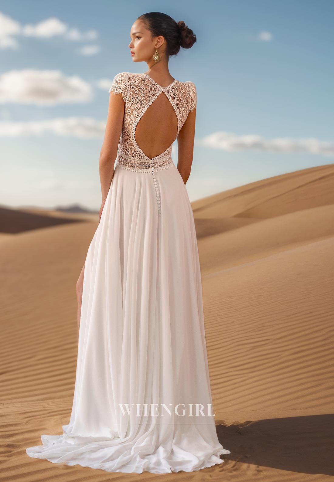 A Line Sexy Deep V neck Cap Sleeves Lace Beach Wedding Dress with Sleeves