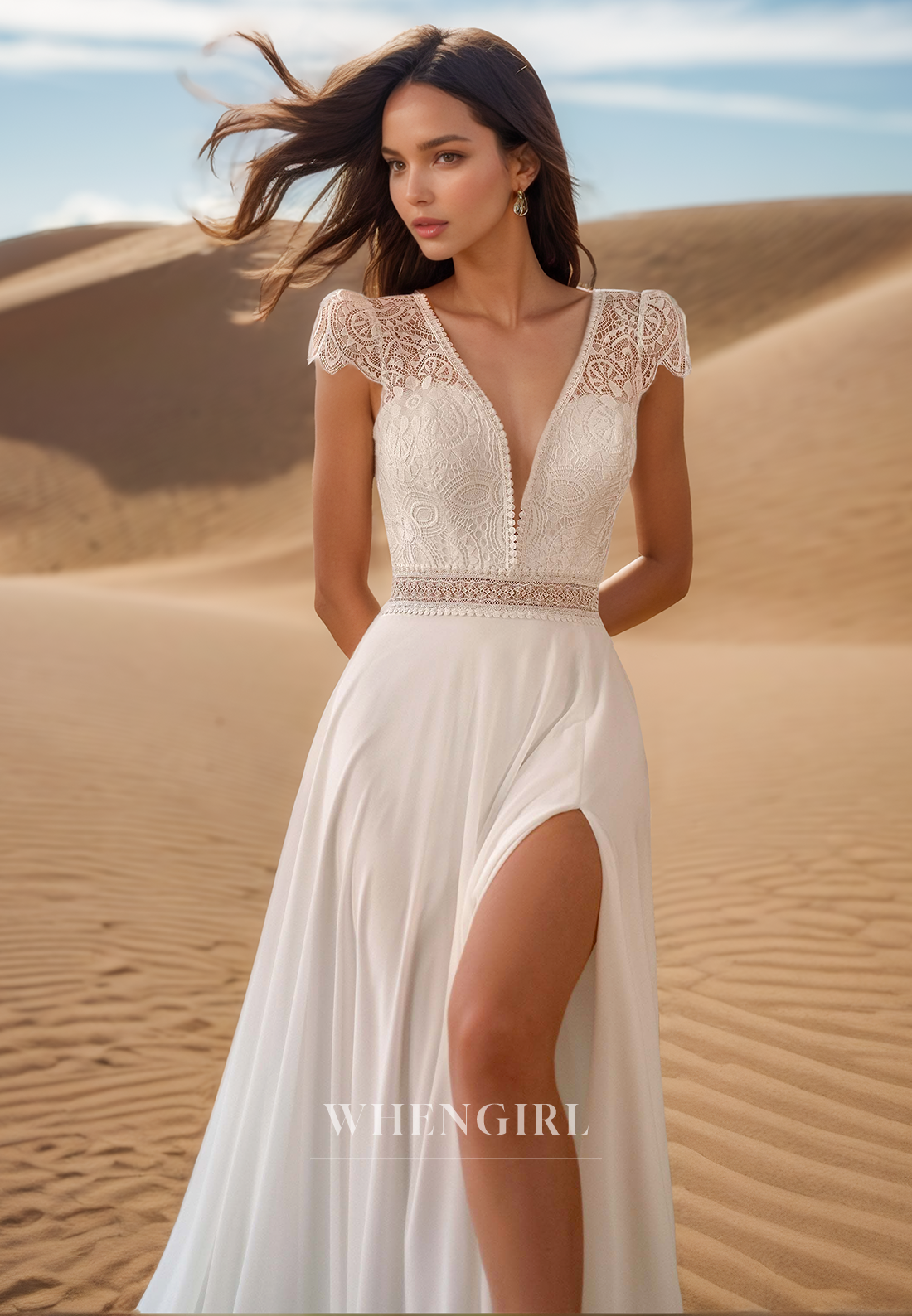 A Line Sexy Deep V neck Cap Sleeves Lace Beach Wedding Dress with Sleeves