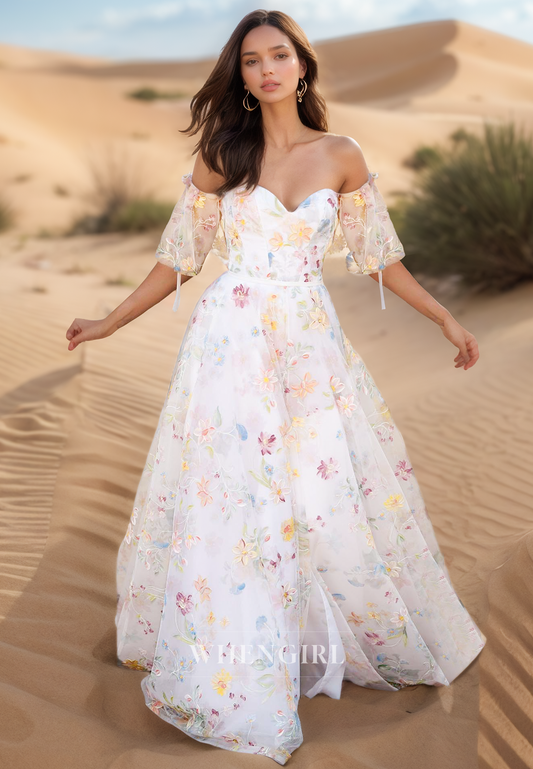 A Line Sweetheart Short Sleeves Floral Lace Vintage Wedding Dress