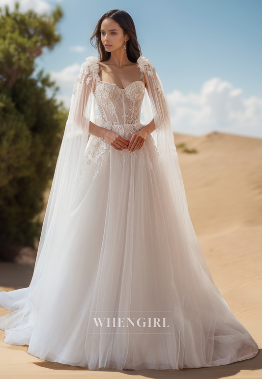 A Line Sweetheart Lace Appliques Dream Wedding Dress Lace-up Back