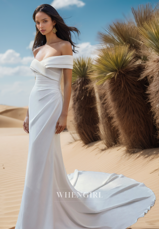 Off Shoulder Ruched Mermaid Wedding Dress with Train Beach Wedding Gown