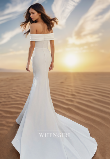 Off Shoulder Ruched Mermaid Wedding Dress with Train Beach Wedding Gown